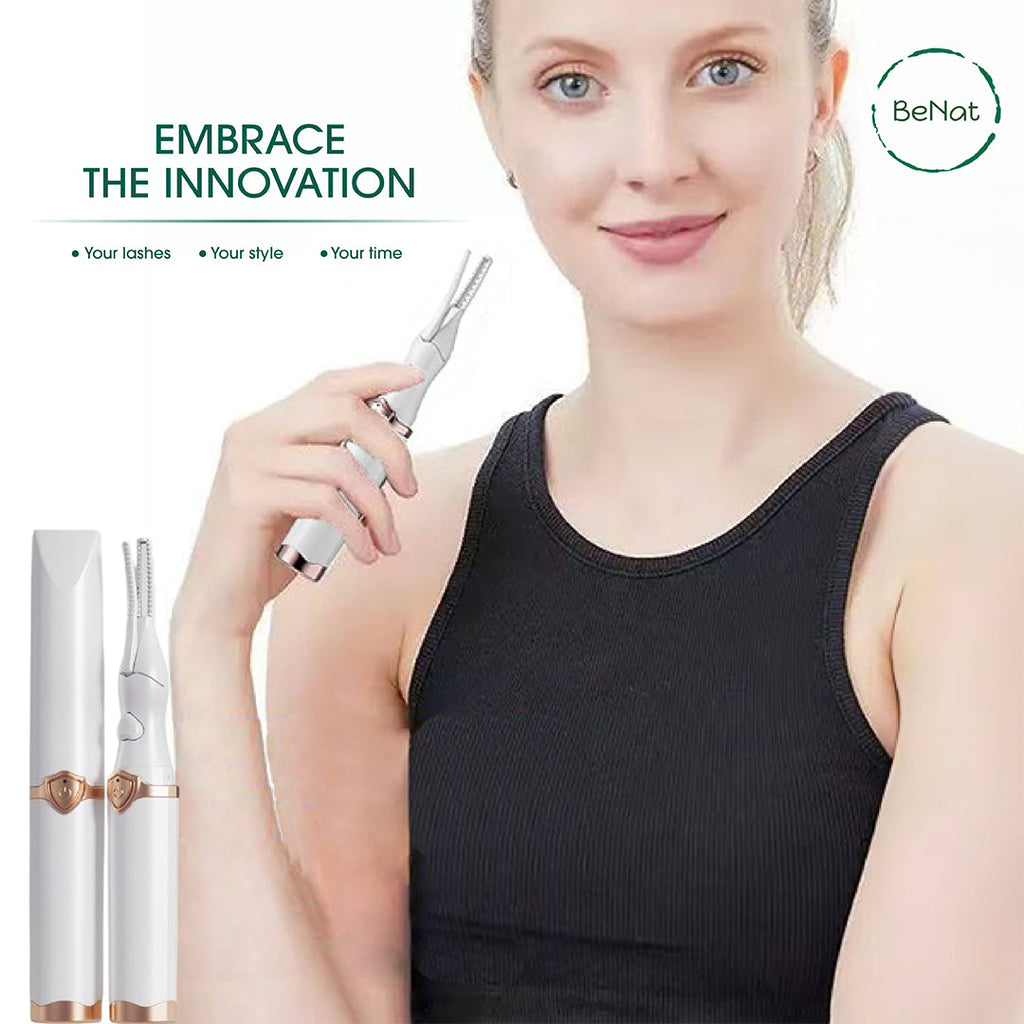 BeNat electric eyelash curler usage and feature graphic